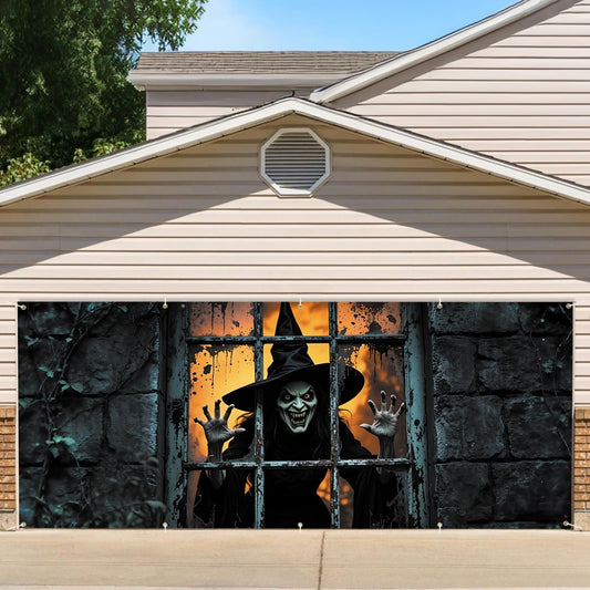 7 * 16FT Halloween Witch Garage Door Cover Decorations Halloween Scary Witch Garage Door Banner for Outdoor Indoor Halloween Decorations Party Photography Backdrop
