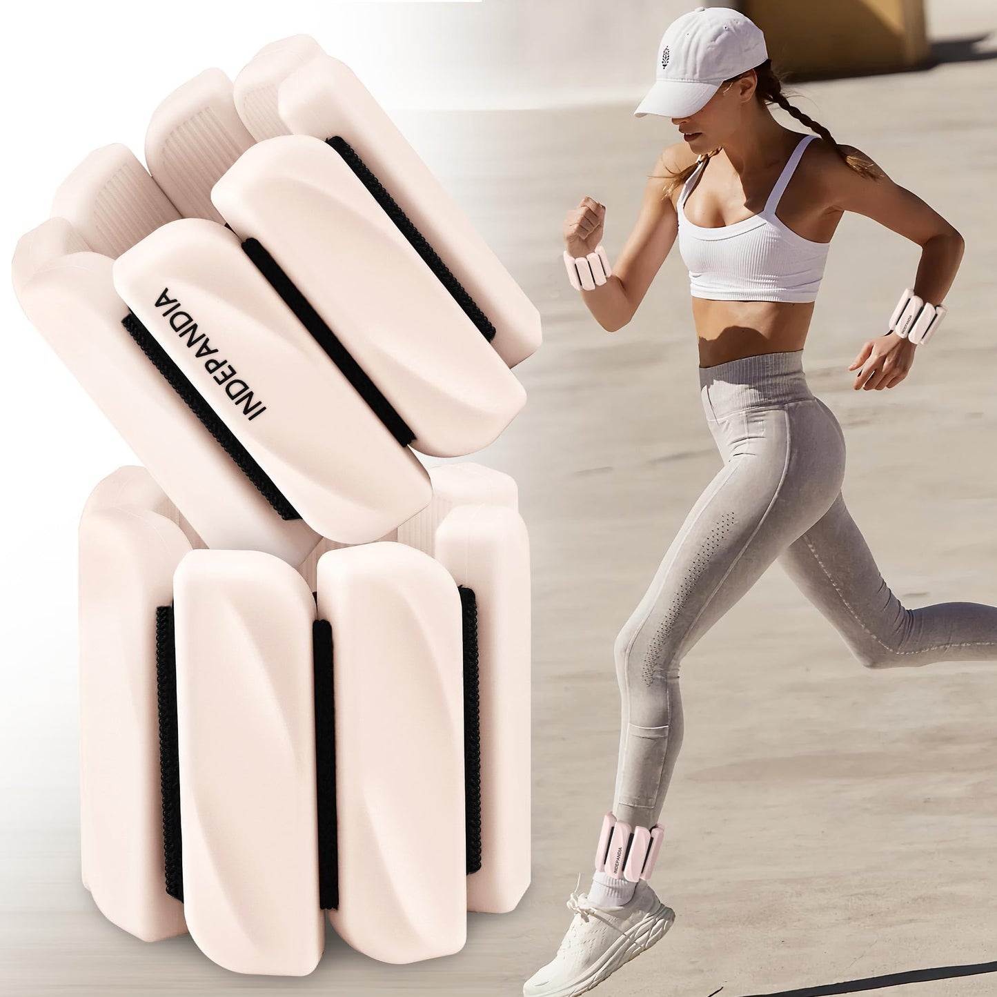 INDEPANDIA Wrist & Ankle Weights for Women and Men, 2lbs Pair Adjustable Silicone Weighted Bangles for Arm & Leg Workouts, Perfect for Pilates, Yoga, Walking & Home Fitness Training Blush Beige