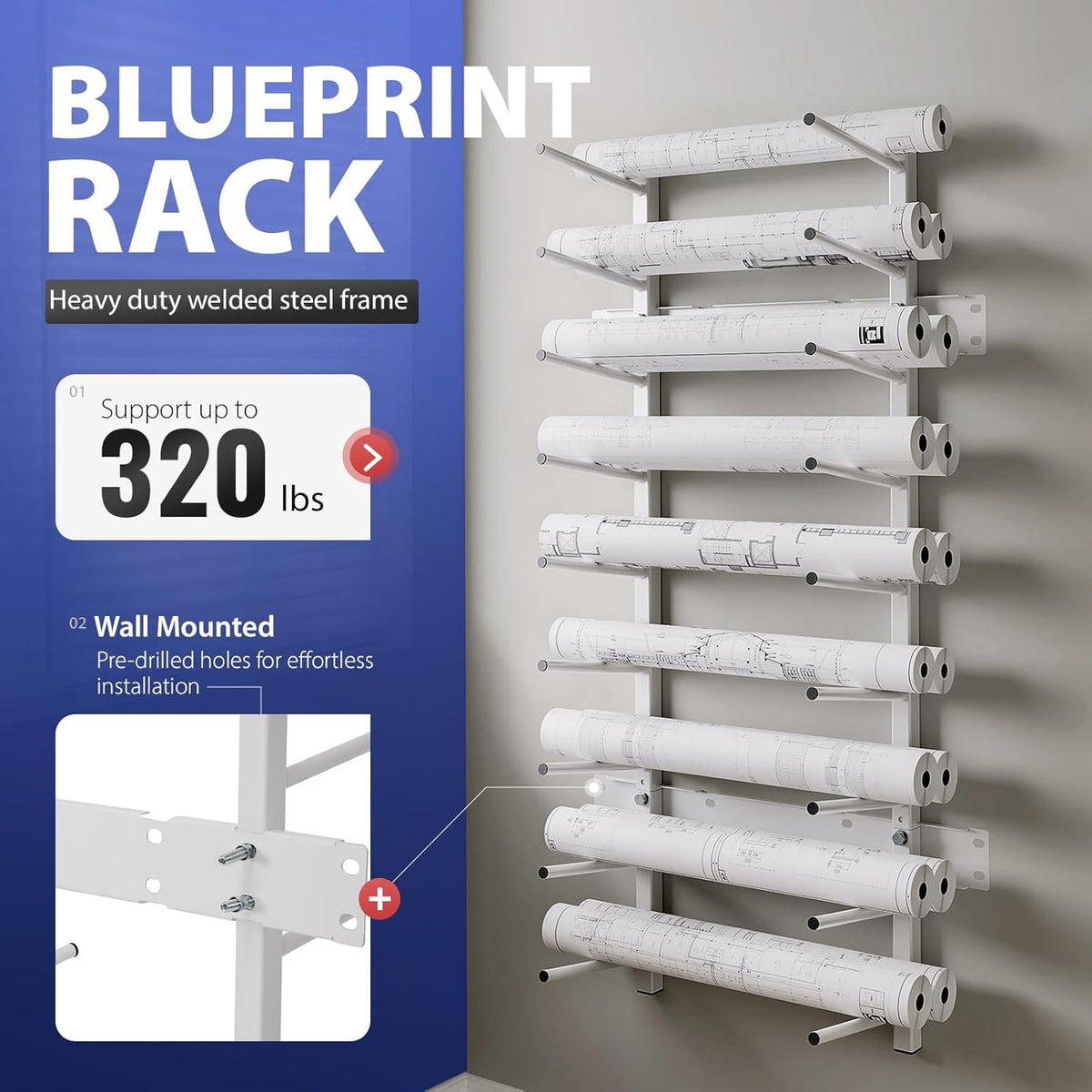 Skiennix Wall Mount Blueprint Storage Rack - Heavy Duty File Holder for Posters & Vinyl Rolls | 320 lbs Capacity