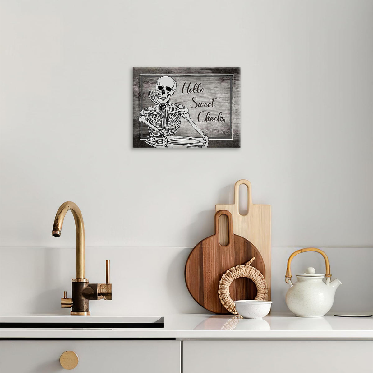 Bathroom Decor Wall Art Halloween Skeleton Canvas Prints Painting Gothic Skull Bathroom Pictures Framed Funny Weird Artwork for Toilet Restroom Washroom 16"x12"