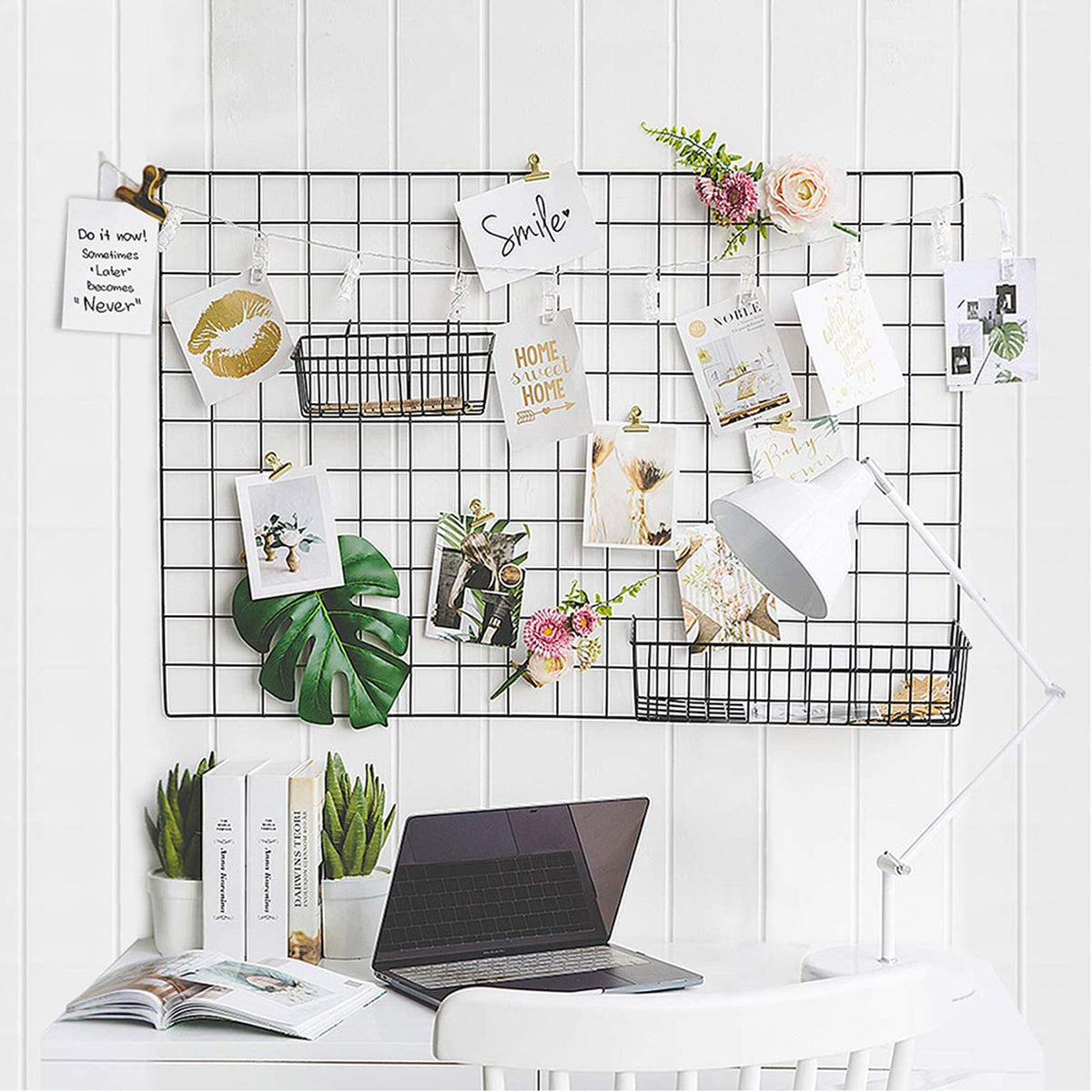 GBYAN 2 Pack Large Wall Grid Panels with Light and Clips, Photo Display Board, Picture Frame Collage Board, Wire Grid Wall Panel Room Decoration,Black
