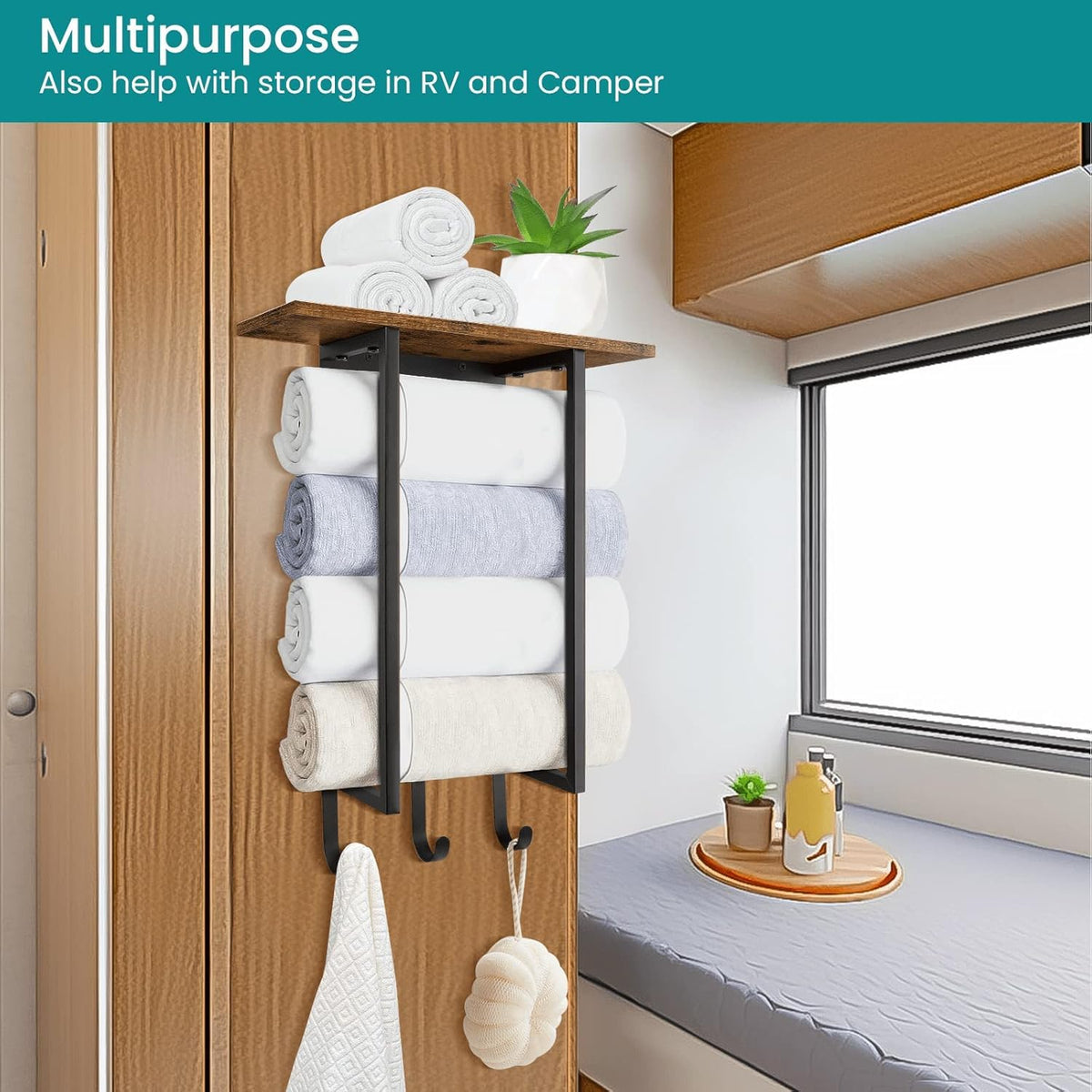 ELITEROO Towel Racks for Bathroom Wall Mounted, Towel Holder with Wooden Shelf and 3 Hooks for Washcloths Hand Towel, Bath Towel Storage Organizer for Small Bathroom, RV, Rustic Brown