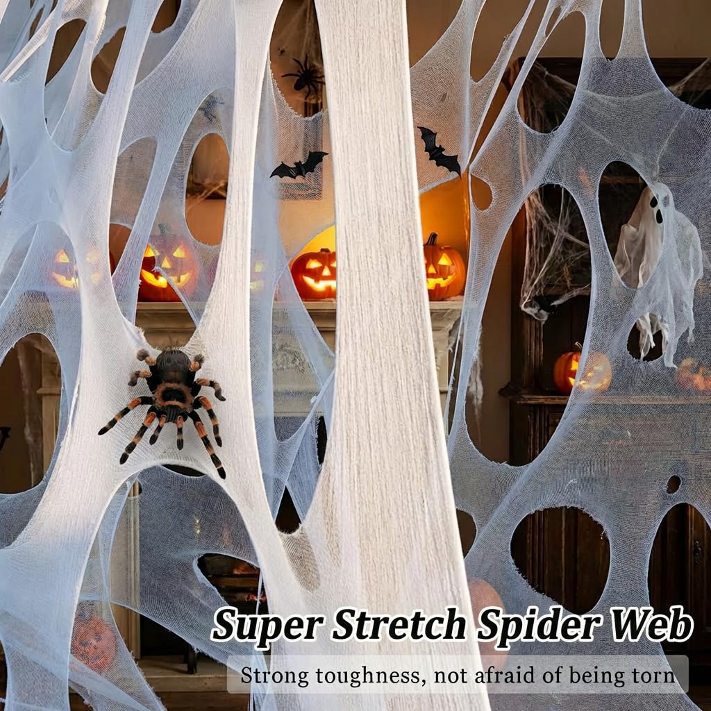 1000 Sqft（After Streched with Holes）Uncut Giant DIY Spider Web Halloween Decorations Outdoor with 10 Ground Nails Stretchy Beef Cloth Netting Cut-Your-Own Flexible Elastic for Yard Party Decor