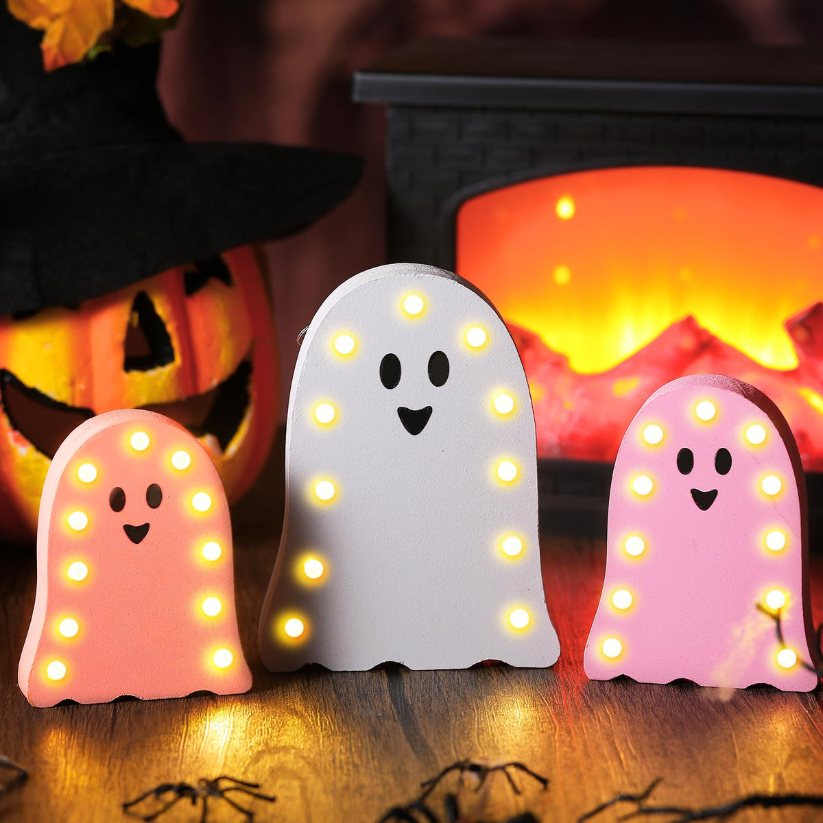 Tujoe 3 Pcs Halloween Decorations Light Up Wooden Ghost Light Up Ghost Kit Pink Halloween Table Centerpiece for Home Decor Kitchen Mantel Tabletop Windowsill