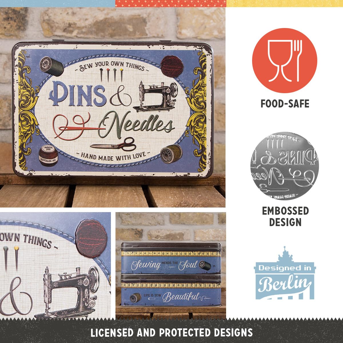 Nostalgic-Art Retro storage tin box flat, 84.5 oz, Pins & Needles Sewing Box – Gift idea for your home, metal can with lid, vintage design