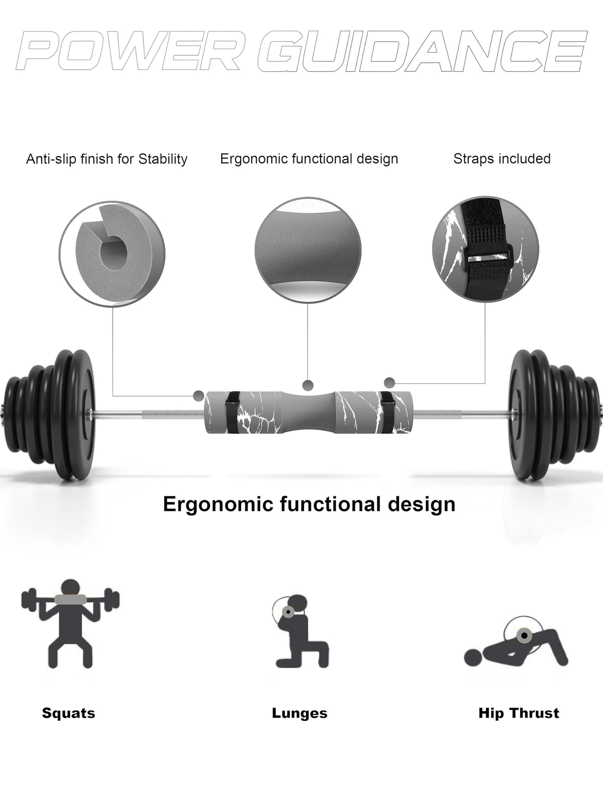 POWER GUIDANCE Barbell Squat Pad - Neck & Shoulder Protective Pad - Great for Squats, Lunges, Hip Thrusts, Weight Lifting & More - Fit Standard and Olympic Bars Perfectly,Gery