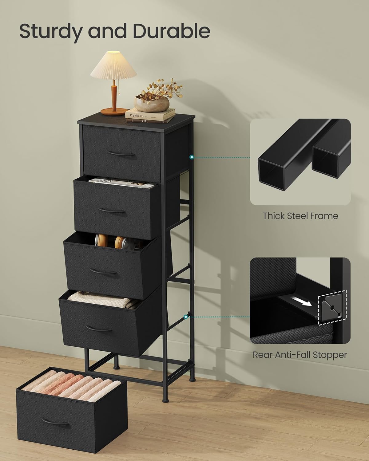 SONGMICS Dresser - Stylish Chest of Drawers with 5 Non-Woven Fabric Bins | Ink Black & Ebony Black