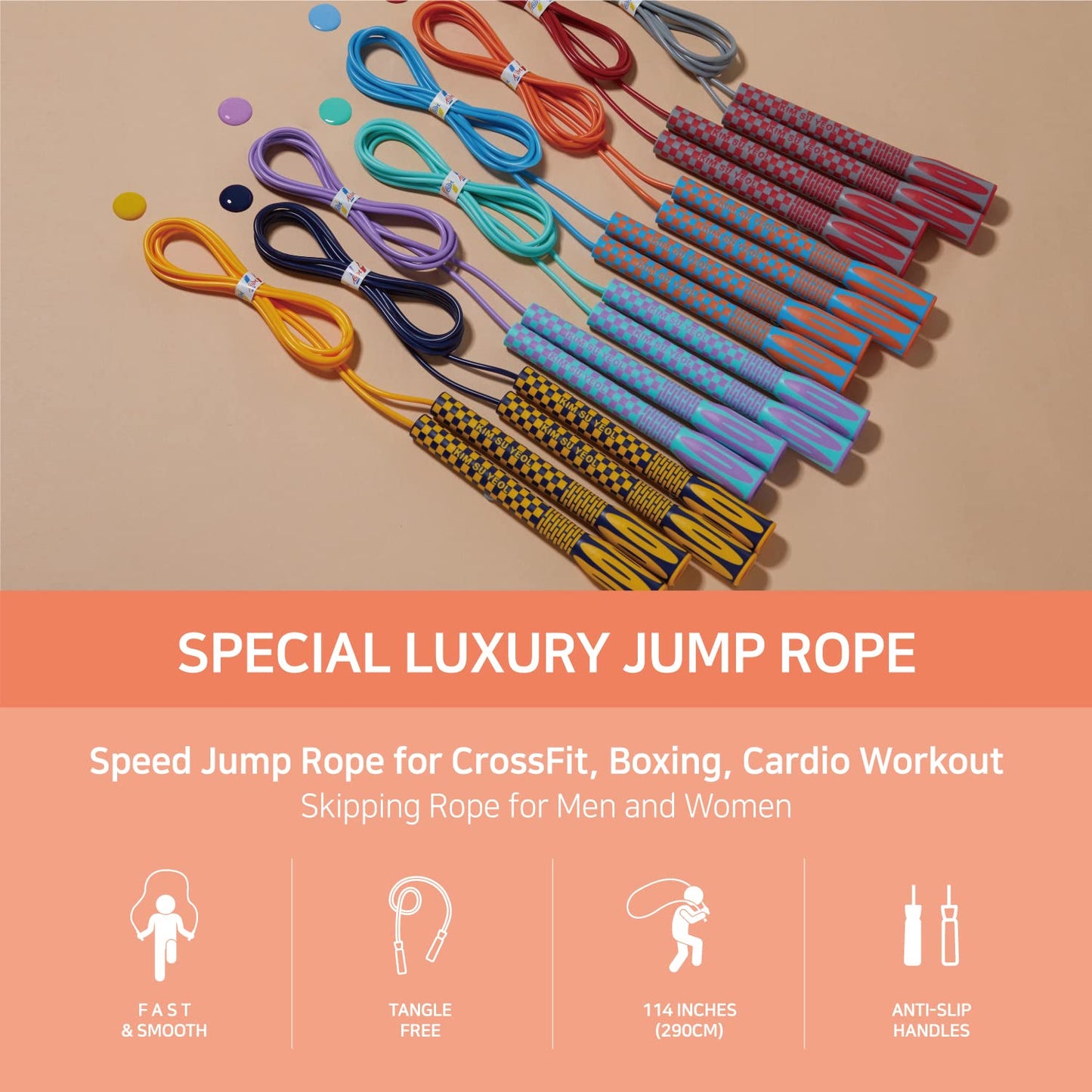 Skipping Jump Rope for Fitness Workout - Light Weight, Adjustable, Tangle Free, Excellent line control for Cardio Boxing, CrossFit, Training Exercise All Ages and Gender ( Special Luxury, KA-220, Made in Korea) (Grey-Red)