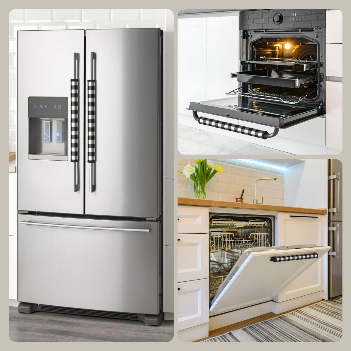 Non Slip Refrigerator Handle Covers 2pcs ,Neoprene Refrigerator Door Handle Covers For Fridge, Oven, Dishwasher & Microwave, Decorative Kitchen Appliance Handle Covers,Black And White Buffalo Plaid