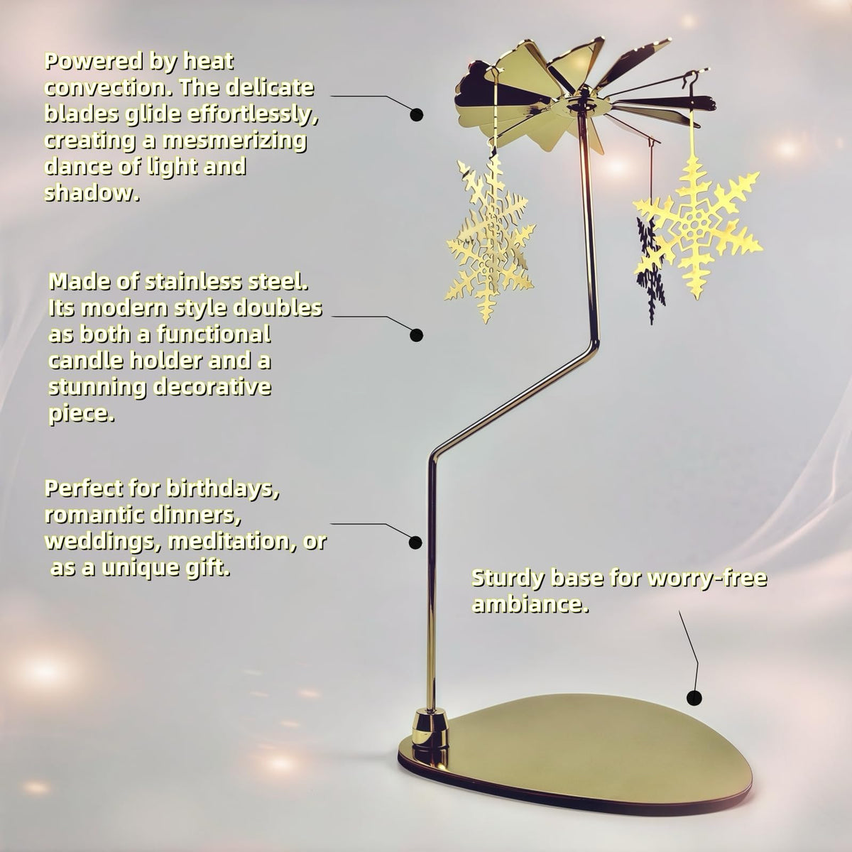 Spinning Candle Carousel Rotary Holder German Rotating Metal Tea Light Holder Chime Candle Spinner for Christmas Gold Snowflake Decor Gifts for Women Sister Mom Hostess Candlestick Table Centerpiece