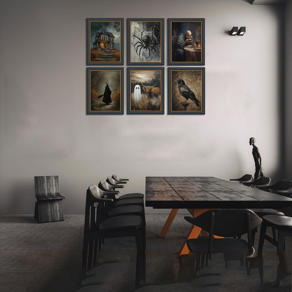 6Pcs Halloween Wall Art Creepy Dark Academia Wall Decor Pictures Ghost Wizard Skeletons Canvas Posters Prints for Gallery Living Room Bedroom Office Unframed