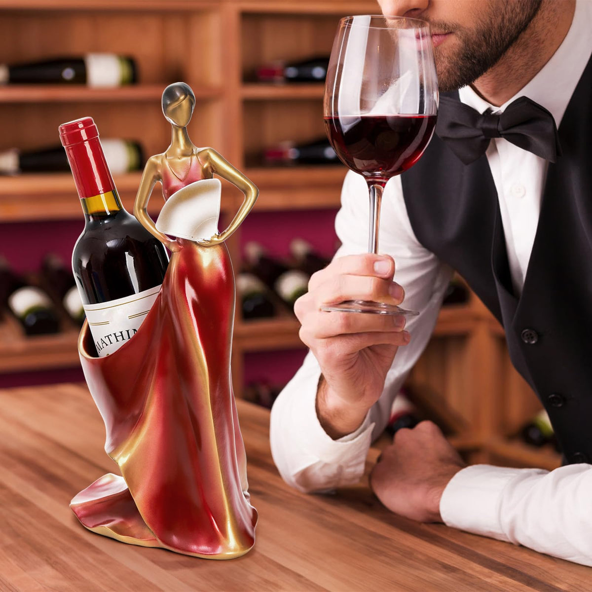 Yesland Wine Bottle Holder, Resin Wine Rack Red Single Beauty Lady Statue Wine Holder Stand Decor for Kitchen Bar Countertop Tabletop - 13.5 x 6.5 x 5.5 Inch