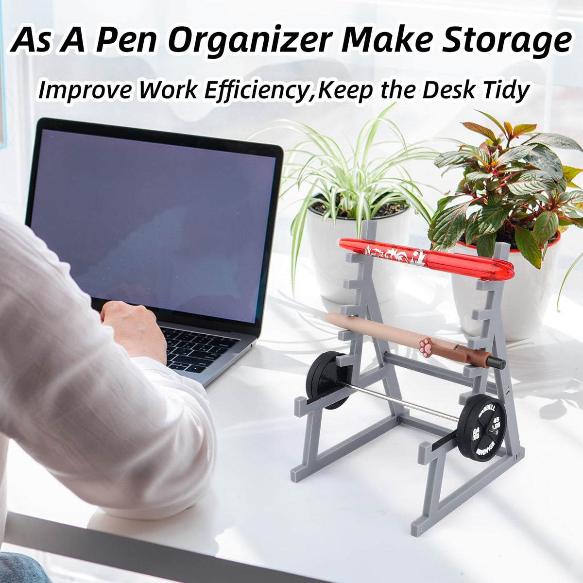 Squat Rack Pen Holder,Desktop Squat Rack with Barbells and Weights,Unique Mini Pen Organizer Barbell Rack Creative Phone Stand for All Fitness Enthusiasts and Weightlifting Fans