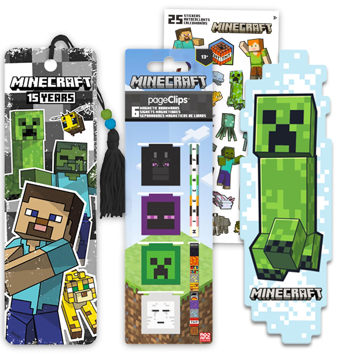 Minecraft Bookmark Set - Bundle with 8 Bookmarks and Page Clips Featuring Creepers, Zombies, More Plus Stickers | Minecraft School Supplies for Boys Girls Kids