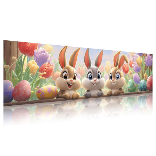 10x3 ft Easter Bunnies and Eggs Banner - Cute Cartoon Rabbits with Colorful Easter Eggs Floral Pattern Backdrop, Hanging Spring Party Decor for Outdoor Wall Sign & Fence Cover