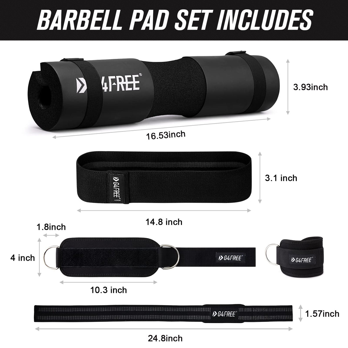 G4Free 9Pcs Barbell Pad Set for Squat, Hip Thrusts, Lunges, Leg day, Standard Olympic Bars with 2 Gym Ankle Safety Straps, 3 Hip Resistance Bands, 2 Lifting Strap, Barbell Pad, and Carry Bag (Black)
