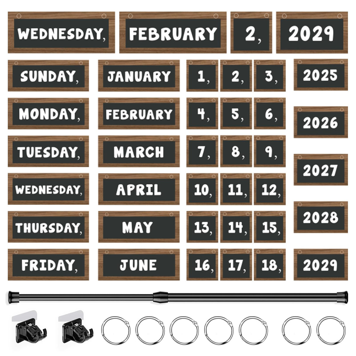 Flip Calendar Bulletin Board Set Classroom Decorations for Whiteboard with Adjustable Flip Calendar Rod Holder Date Cards Days of The Week for Classroom School Supplies(Rustic)