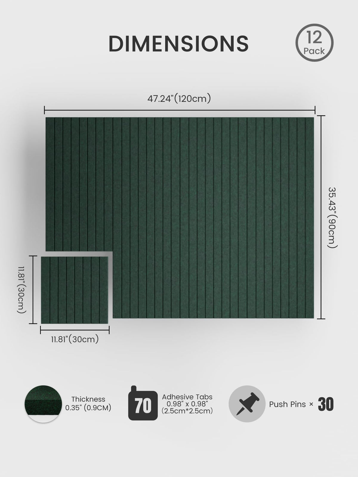 Bumusty Large Cork Board Alternative-48 x 36" Felt Bulletin Board Tiles, with 30 Pushpins, 70 Adhesive Tabs, Fine-Stripe 12-Pack, Cork Boards for Office Push Pin Board Felt Board-Pine Green