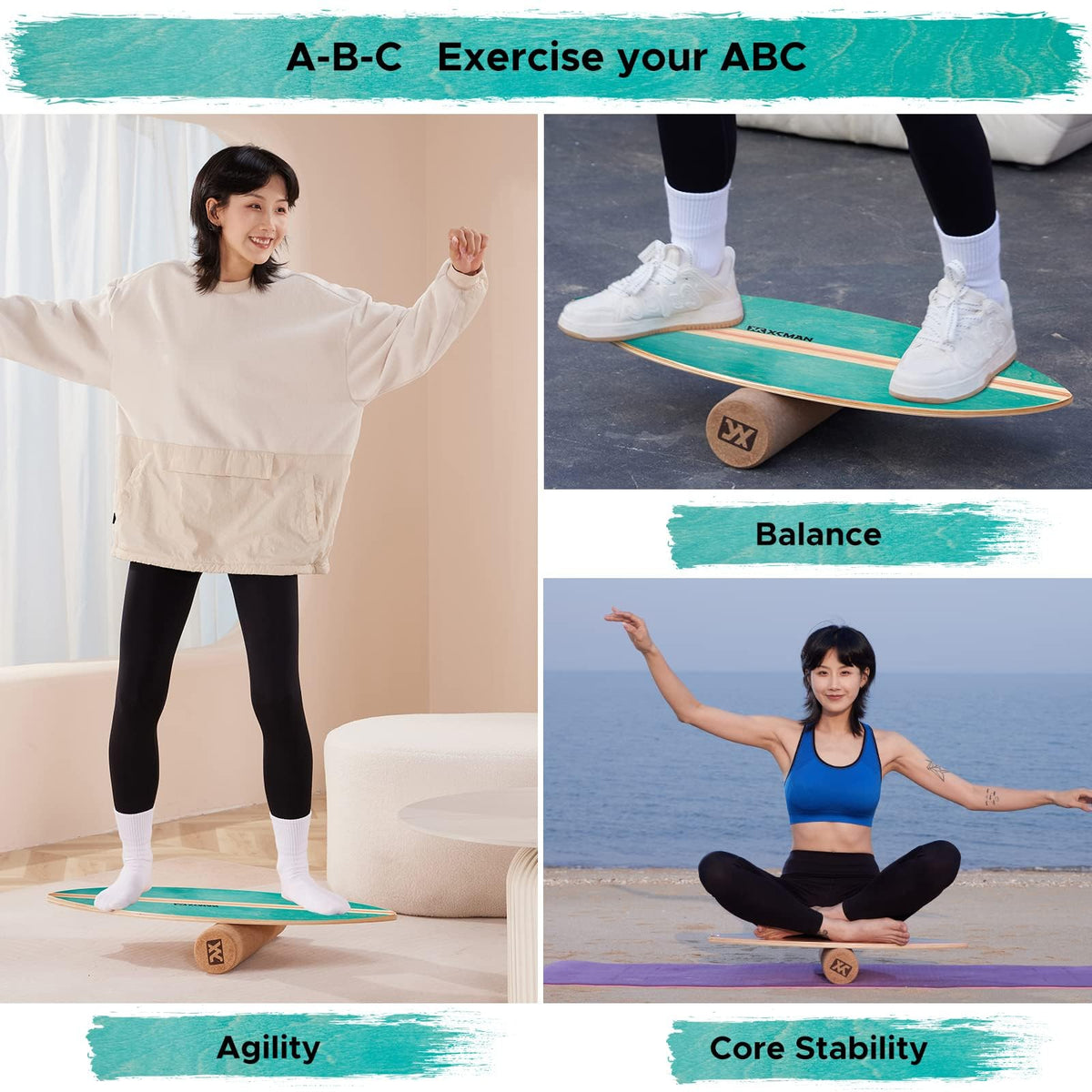 XCMAN Surf Balance Board Trainer with Roller Wooden Exercise Balancing Stability Trainer - Non Slip Surface for Adults Kids|Balance Board Surfing,Skateboarding,Hockey,Yoga