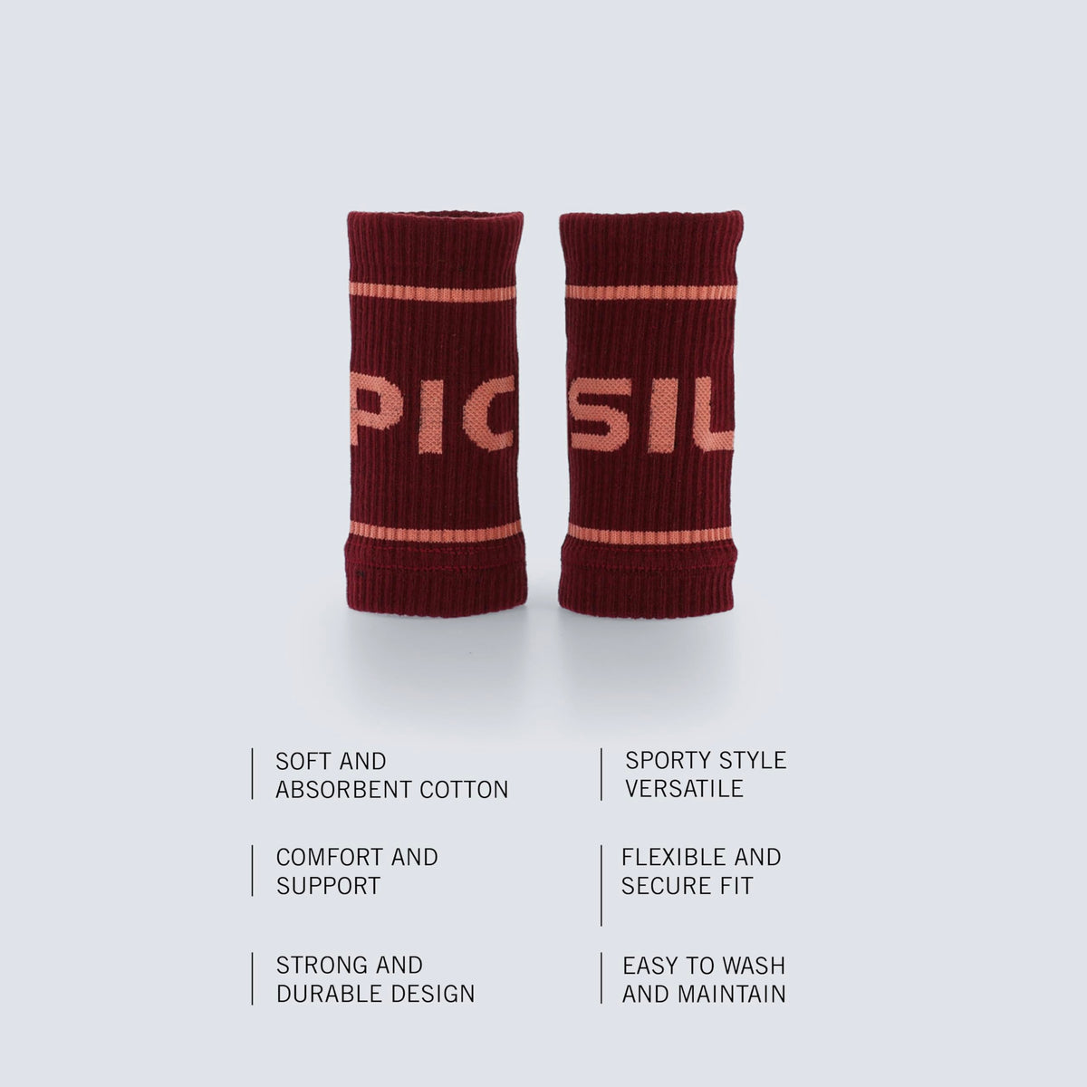 PICSIL - Cotton Sports Wristbands | Absorbent and Breathable | Ideal for Gym, Cross Training, Running and Tennis | Use with Grips | Unisex Design | Burgundy