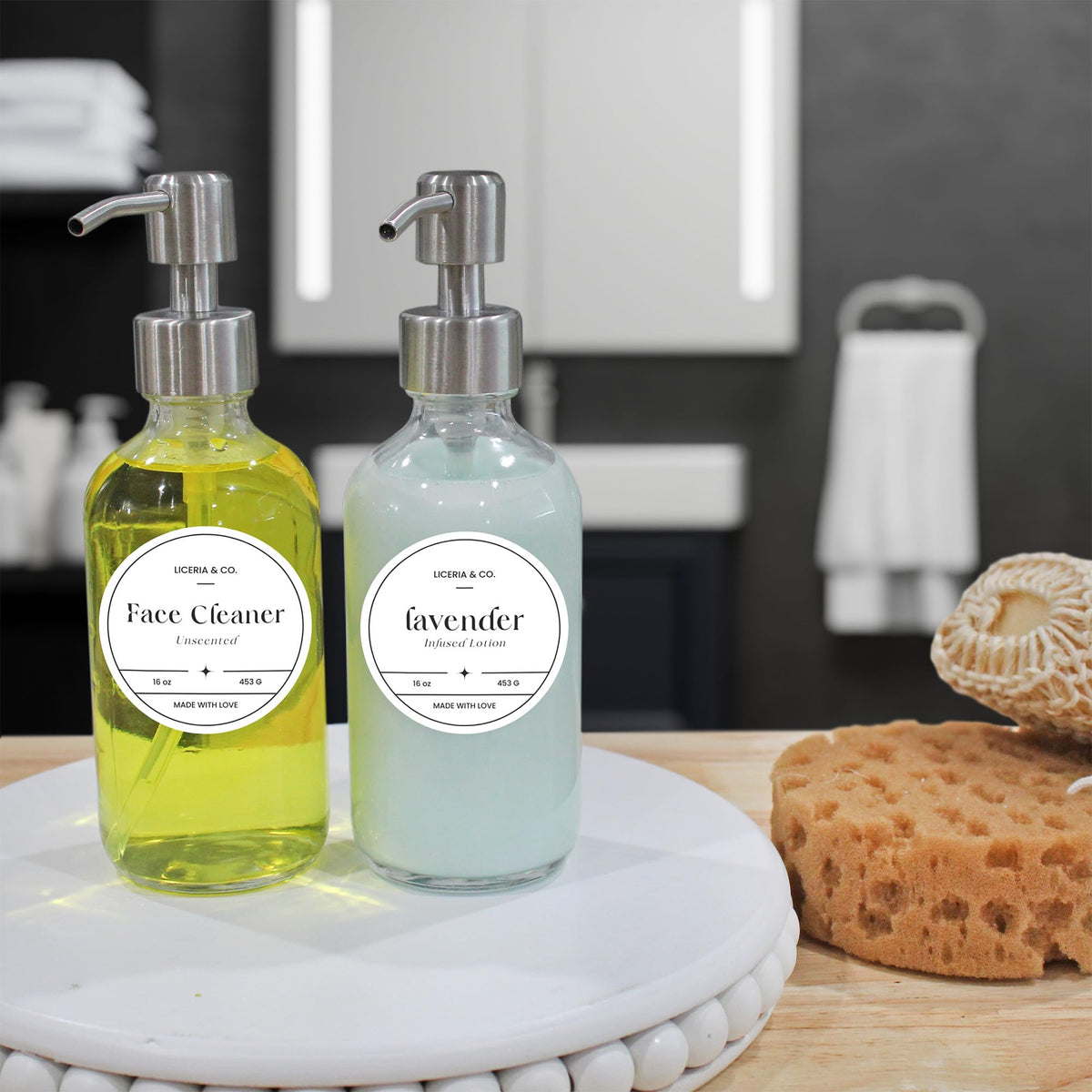 Cornucopia Brands 8-Ounce Clear Glass Boston Round Bottles w/Stainless Steel Lotion Pumps (4-Pack); Empty Refillable Liquid Soap & Lotion Bottles