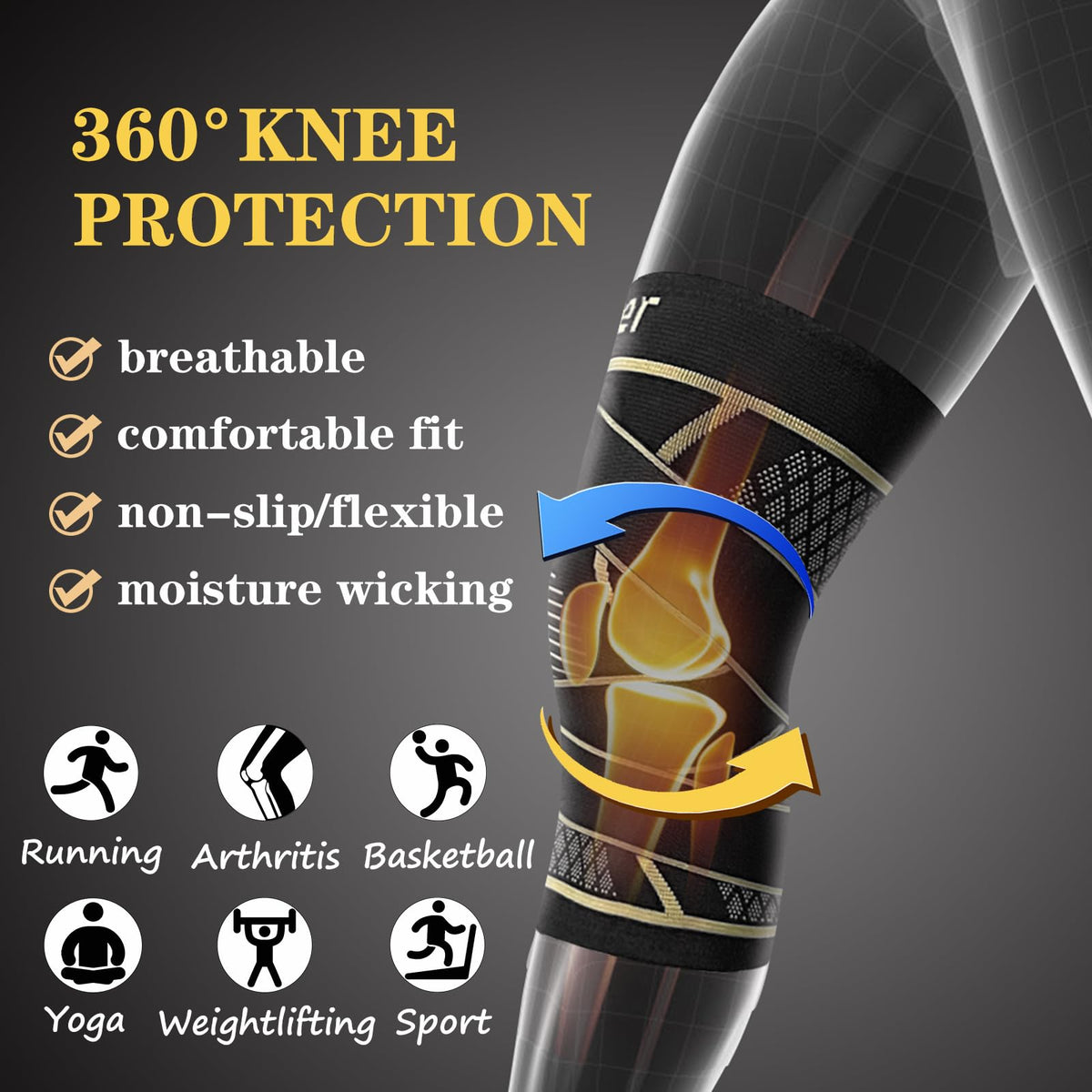 Copper Knee Braces with Strap for Knee Pain Women and Men(2 Pack), Knee Compression Sleeve for Arthritis, ACL, Meniscus Tear, Joint Pain Relief, Knee Support for Working, Running, Weightlifting(M)