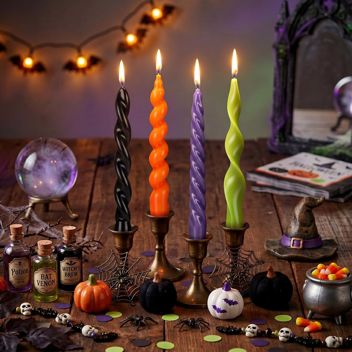Nuanchu 4 Pcs Twisted Taper Candles Wax Unscented Smokeless Spiral Swirl Candlesticks for Wedding Holiday Dinner Party Home Decorations(7.87 Inch,Pure,Halloween Purple)