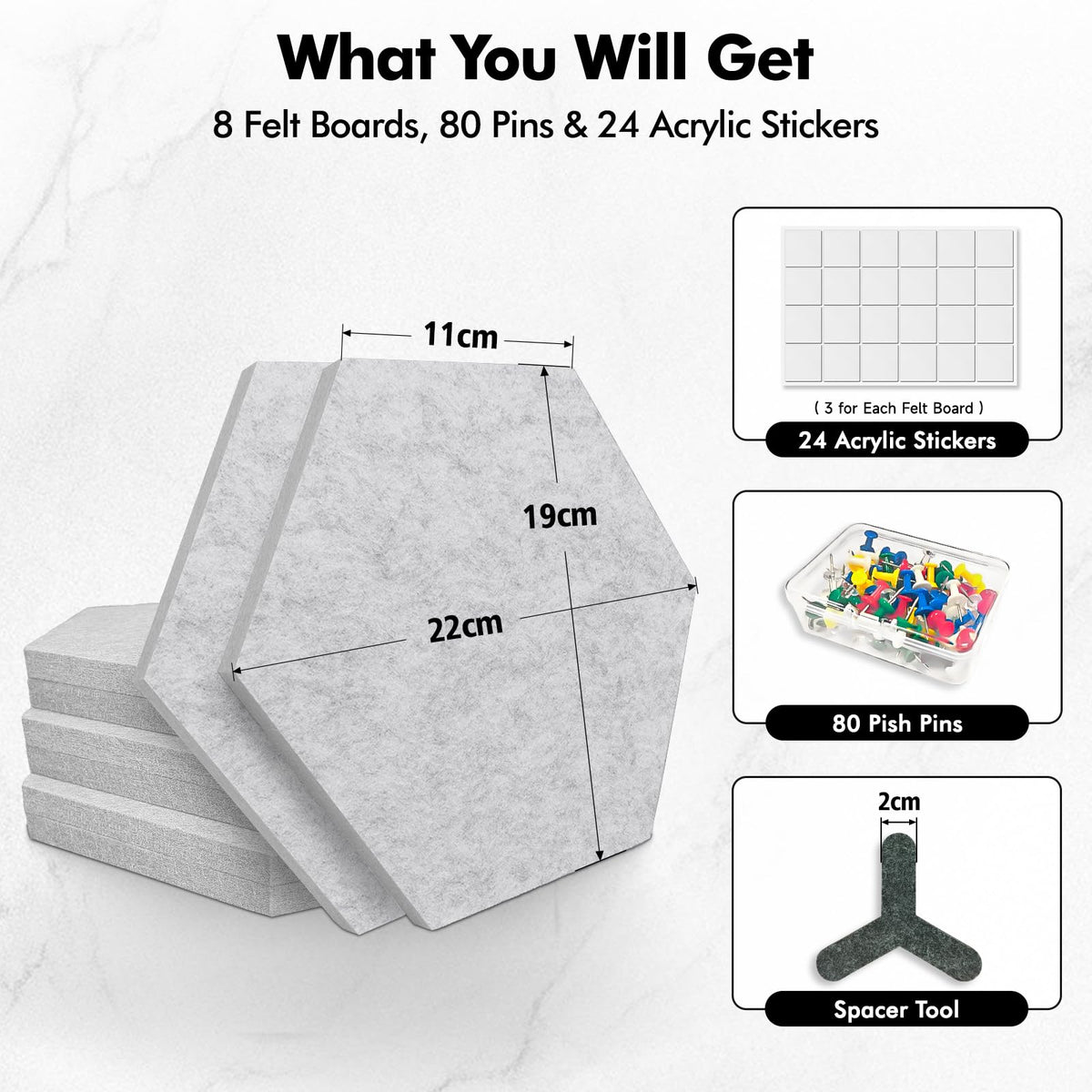 ANLIOTE 8-Pack Hexagon Felt Cork Board, 1/2" Thick Felt Bulletin Pinboard with 80 Push Pins, Adhesive Tabs, Geometric Cork Wall Tiles for Photos, Memos, Home & Office Decor (Light Grey)