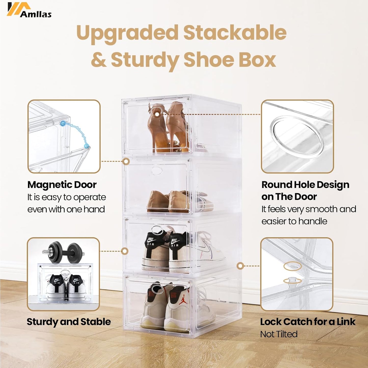 Amllas Clear Shoe Storage Boxes - Stackable & Sturdy Design | Fits Up to US Size 12 (13.8”x 9.84”x 7.1”)