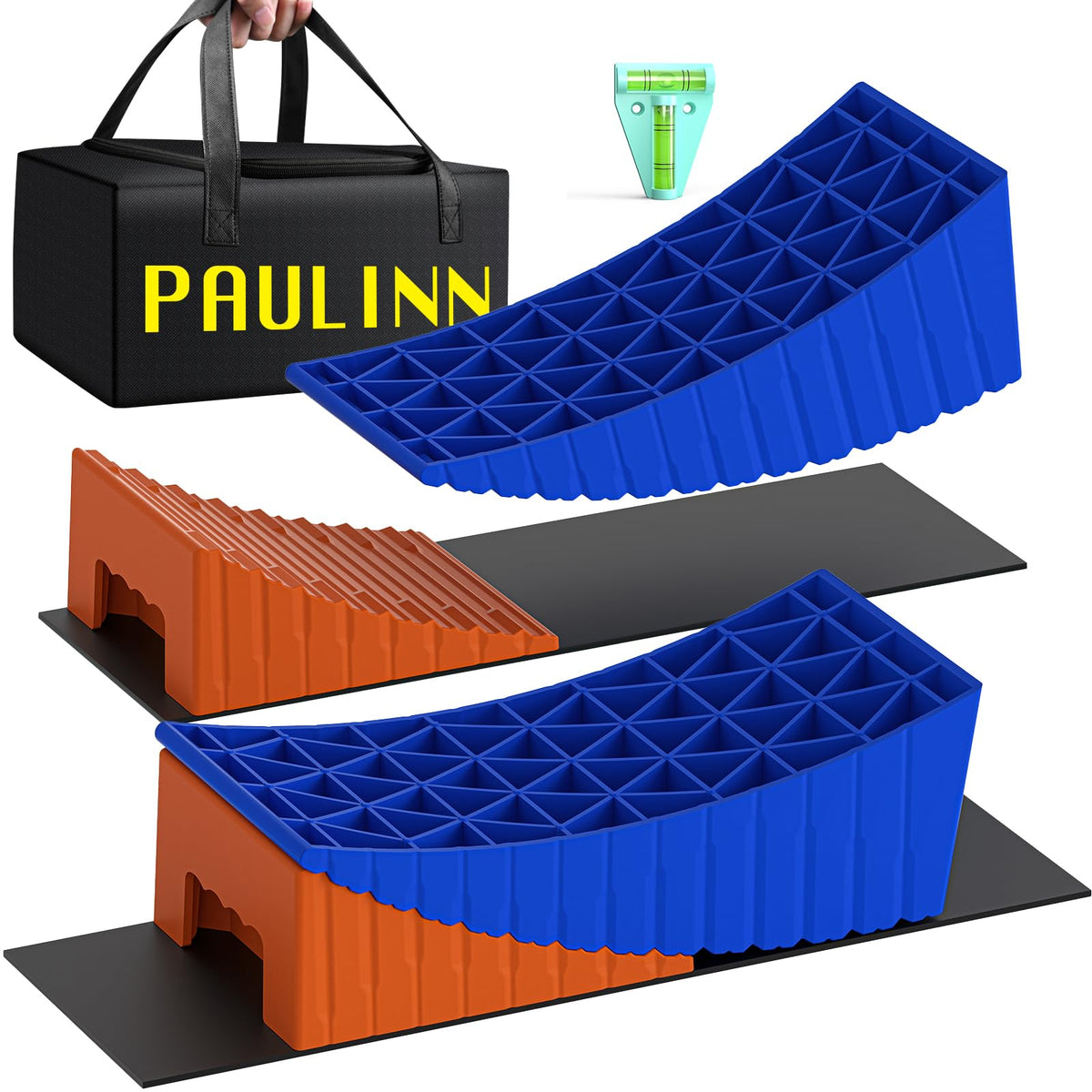PAULINN RV Camper Levelers, 2 Packs RV Leveling Blocks Heavy Duty & Upgraded Up to 35,000 lbs, Curved Leveling RV Accessories with 2 Anti-Slip Mats & Carrying Bag, Faster & Easier to Level