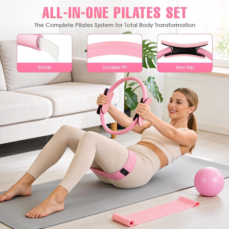Pilates Kit, Pilates Equipment for Home Workouts, Home Pilates Essentials Kit for Women with Pilates Ring and Ball Set, Socks, ankle resistance bands with cuffs, Resistance Band and Massage ball