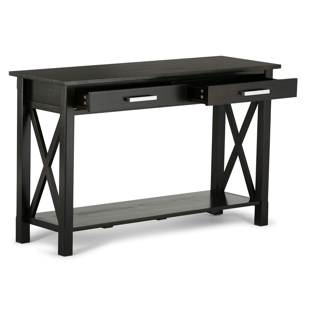 SIMPLIHOME Kitchener Console Table - 47 Inch Wide Solid Wood Sofa Table in Hickory Brown, Contemporary Storage Table for Entryway or Living Room with 2 Drawers, Bottom Shelf, and X-Design Side Panels