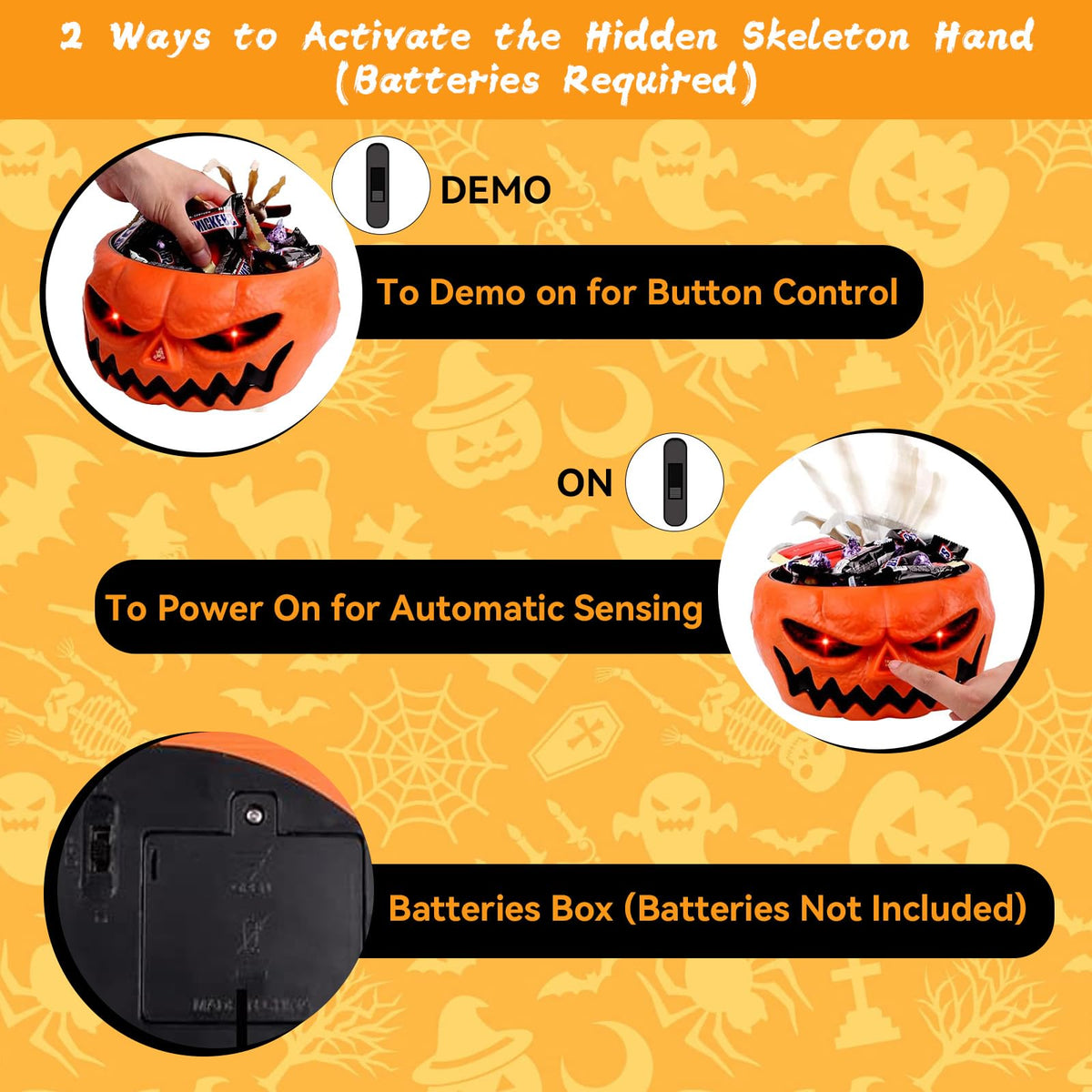 Halloween Candy Bowl, Animated Halloween Skull Pumpkin Bowl, Automatic Sensor/Button Press Scary Candy Dish with Creepy Moving Skeleton Hand and Scream for Trick or Treat to Kids(Skeleton Style)