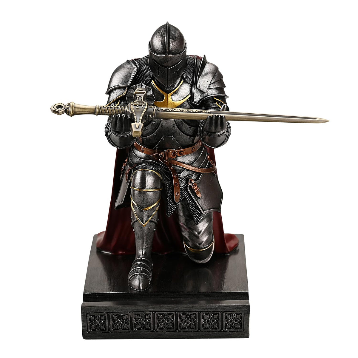 Amoysanli Medieval Armored Warrior Wearing Outerwear, Mobile Phone Stand Knight Pen Holder Desk Organizers, Resin Bookends Paperweight with a Letter Opener for Desk (Iron)