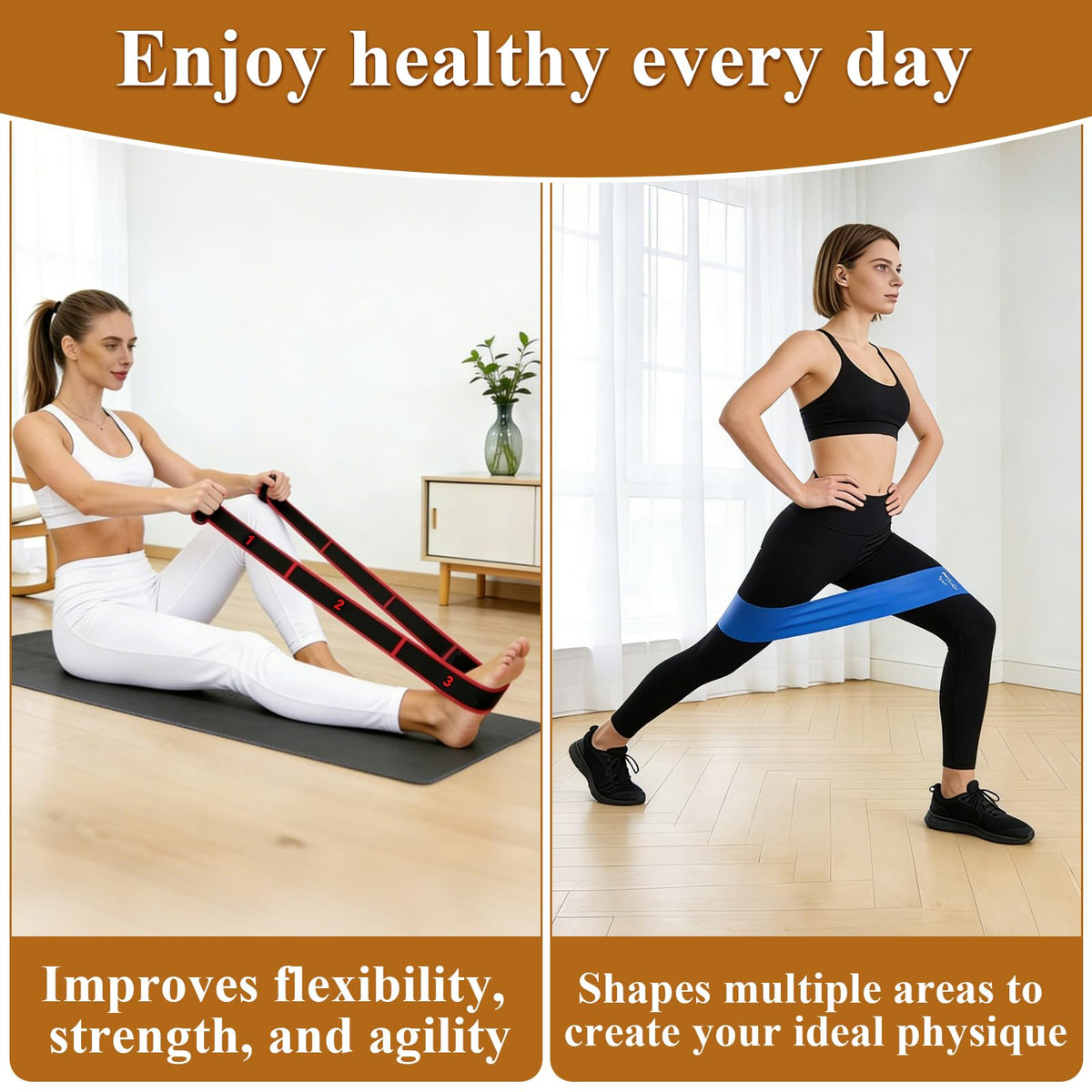 4 Pcs Fitness Resistance Band for Stretching and Yoga with 8-Level Adjustable Strap & 3 Loop Resistance Bands for Legs, Resistance Bands for Working Out, Pilates, Physical Therapy, Home Workout