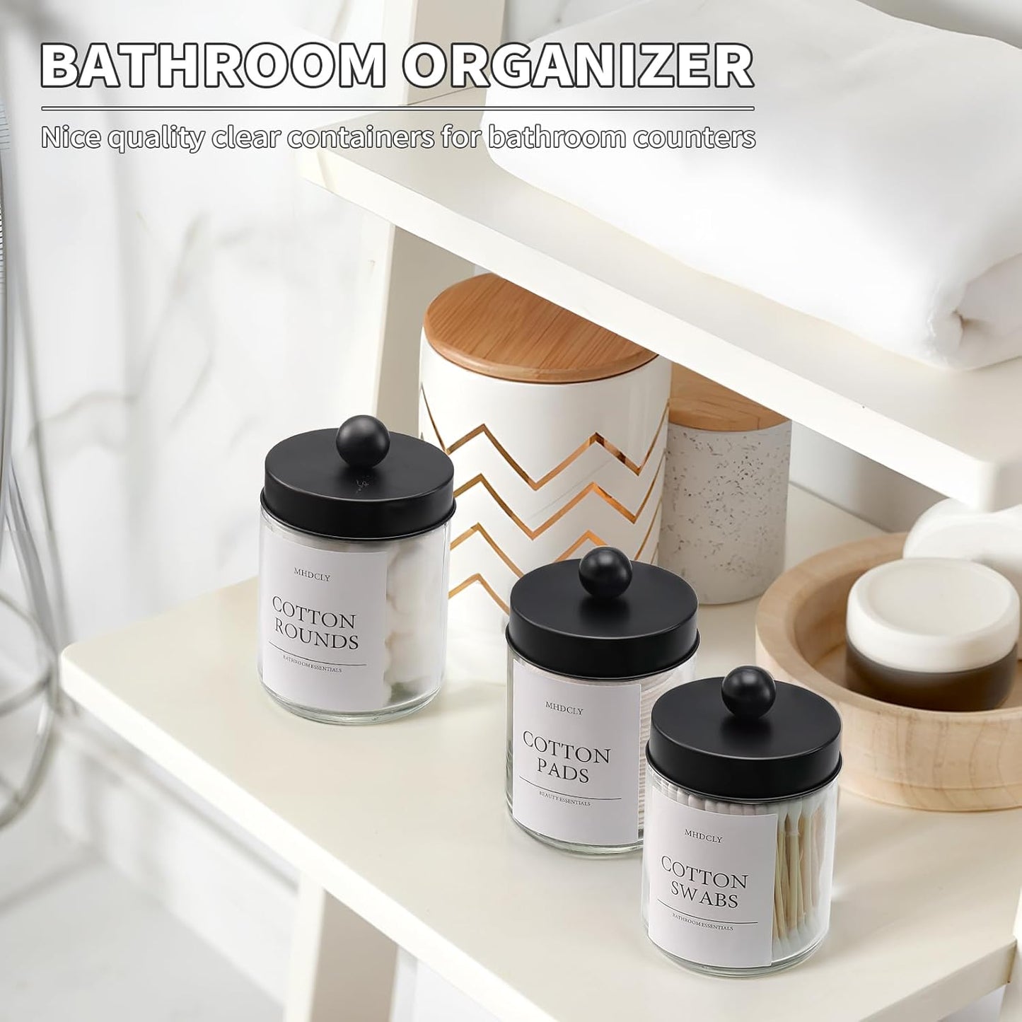 Skiennix Bathroom Organizers - 4 Pack Storage Accessories for Aesthetic Home Decor | Black Lids
