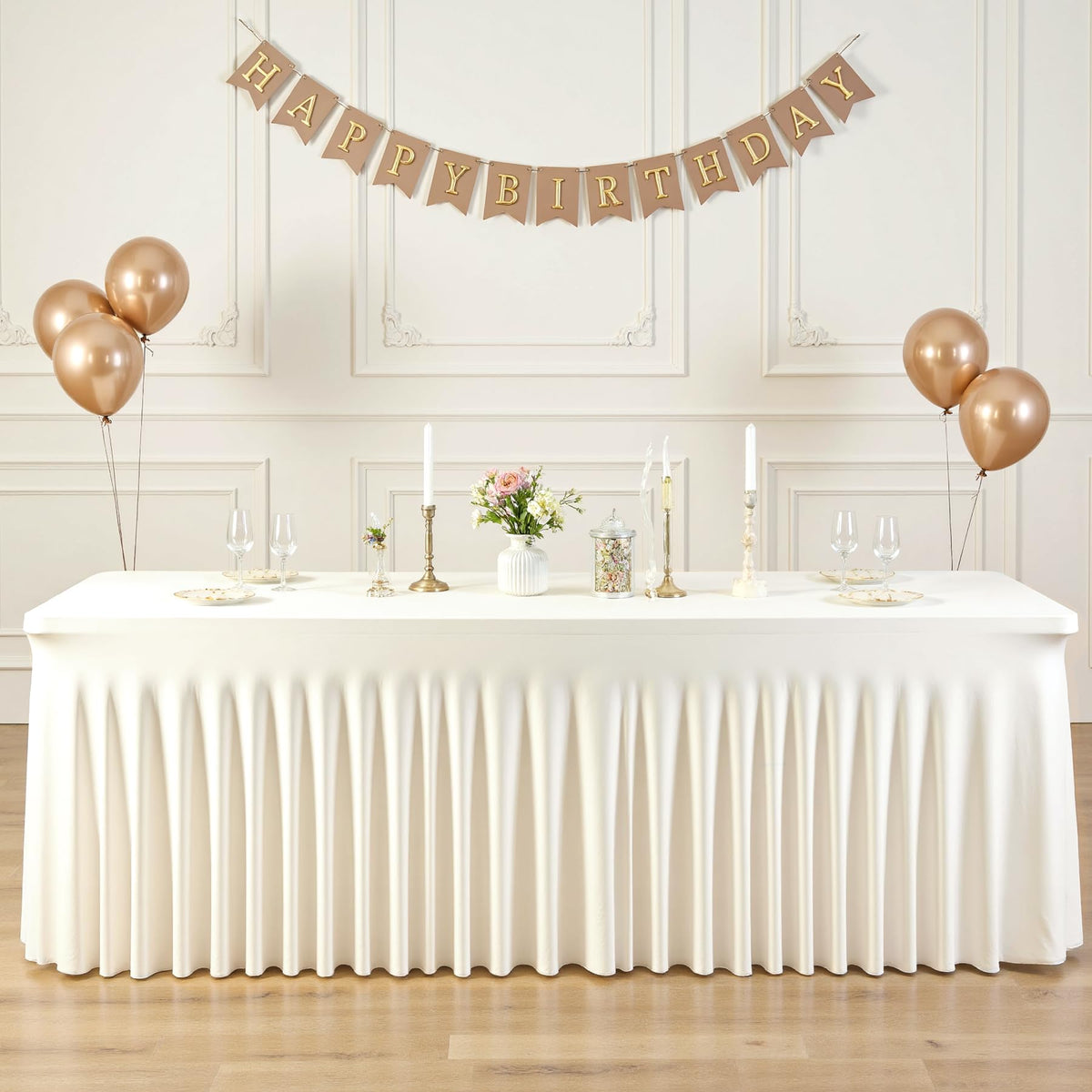 2 Pack Ivory Spandex Tablecloths for Rectangle Tables 6 Foot Ivory Stretch Table Cloth Rectangle 6ft Elastic Fitted Table Cover with Skirt for Wedding Birthday Party Banquet Baby Shower Buffet Event