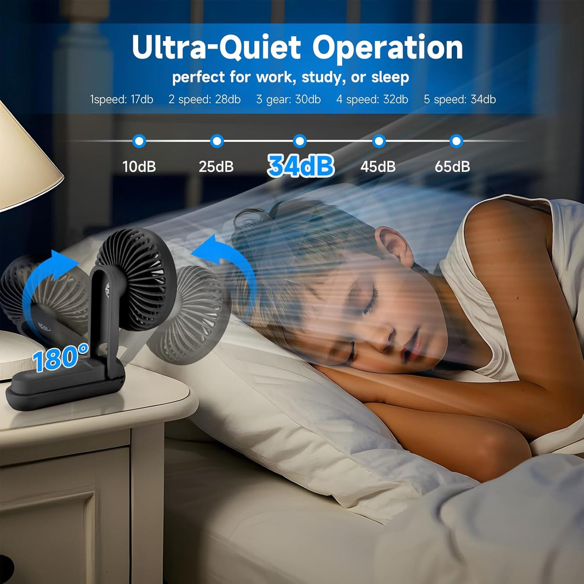 Skiennix Portable Handheld Fan - USB Rechargeable Mini Fan with 180° Foldable Design | 5 Speed Settings, LED Display, Black - Perfect for Travel & Outdoor Use