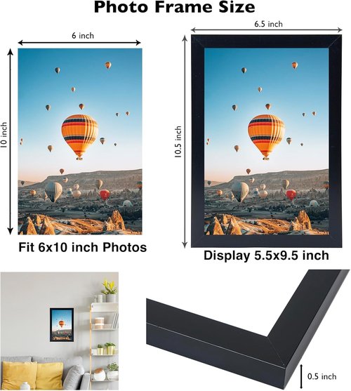 JCJMY 6x10 Picture Frame - Black Wall Mount or Tabletop Display with Shatter-Resistant Plexiglass