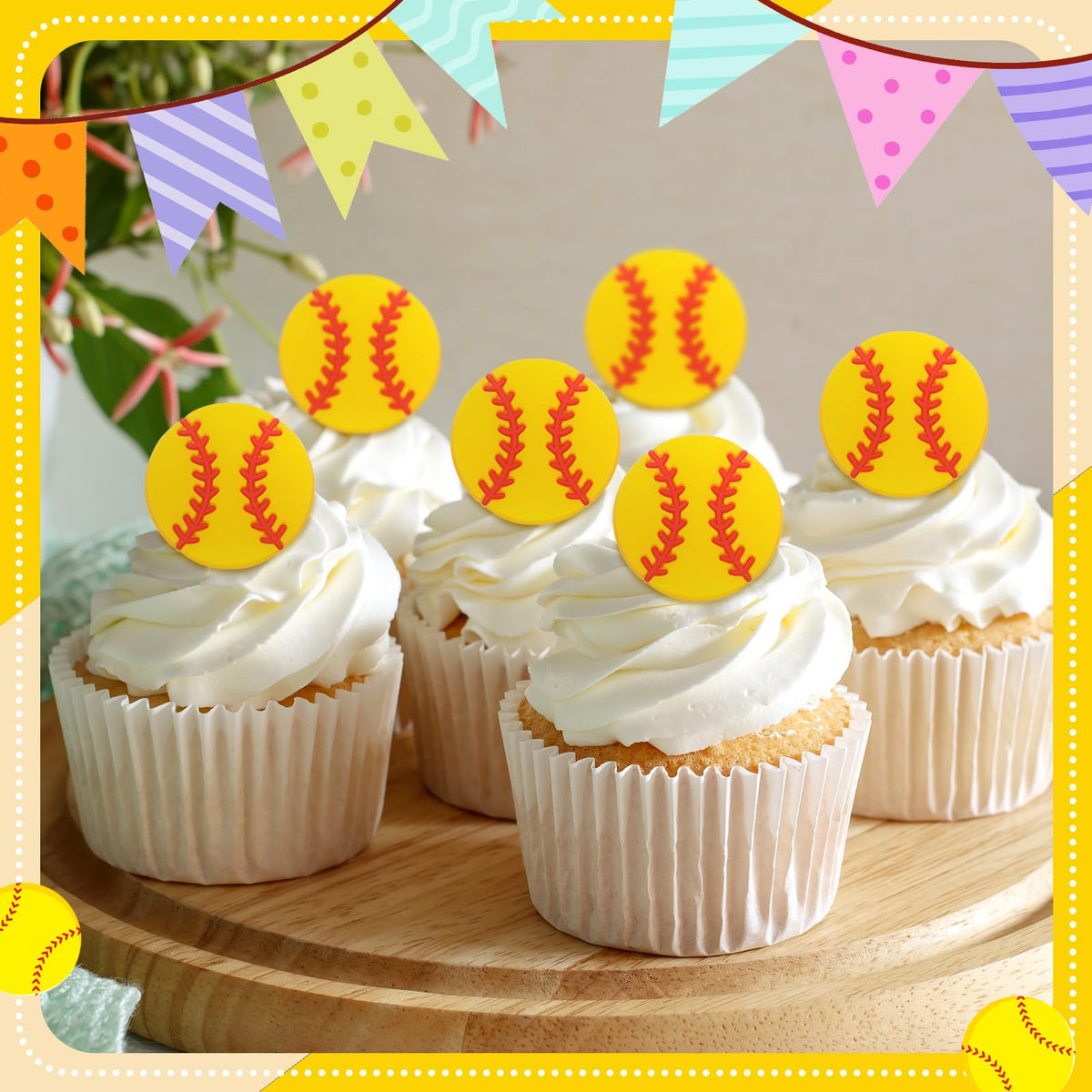Honeydak 48 Pcs Softball Cupcake Rings Toppers Decoration Sport Ball Theme Cake Picks Softball Senior Night Party Decoration Sport Cupcake Toppers Rings for Birthday Party Supplies