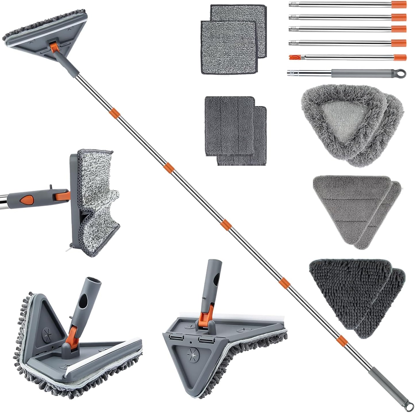 UIMO Wall Cleaner Mop - 2-in-1 Triangle & Rectangle Head with 94" Long Handle | 10 Washable Pads