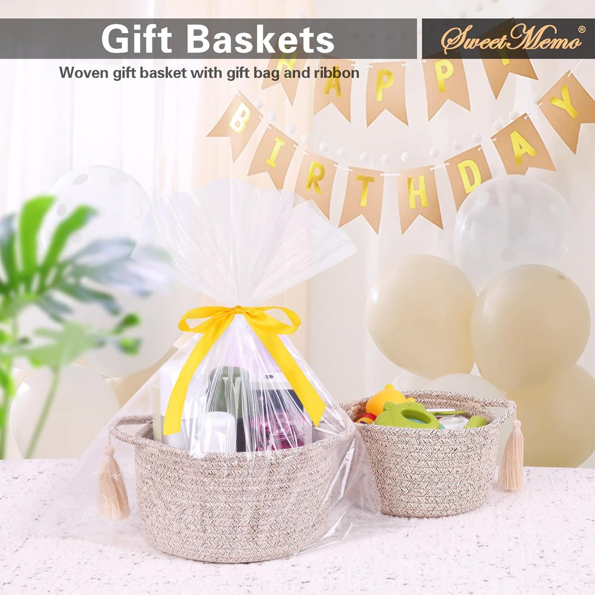 SweetMemo Mini Woven Rope Organizer Baskets - Decorative Gift Basket for Baby Showers & Makeup - Warm Brown