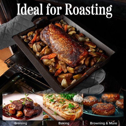 Classic Cuisine Iron Roasting Pan - Pre-Seasoned with Brass Handles & Flanged Edges | Versatile Cookware for Oven, Stovetop & Grill