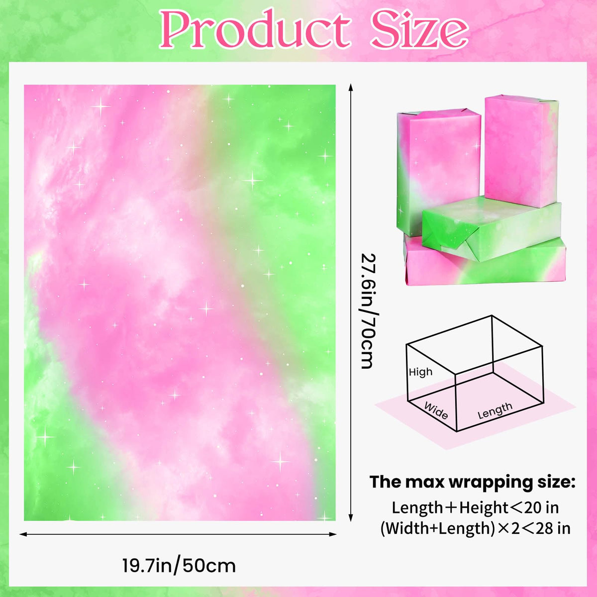 Pineraap 12 Sheets Pink and Green Wrapping Paper, Gradient Gift Wrap Paper Watercolor Gift Packing Paper for Girls Women Witch Themed Birthday Party DIY Crafts, 19.7 x 27.6 Inch