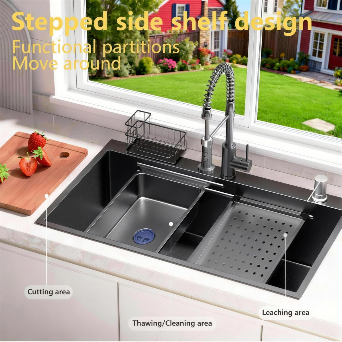 32x19 Black Drop-in Kitchen Sink: Deep Single Bowl Stainless Steel Workstation with Faucet & Accessories Combo for Family Kitchen—Scratch Resistant & Noise Reducing