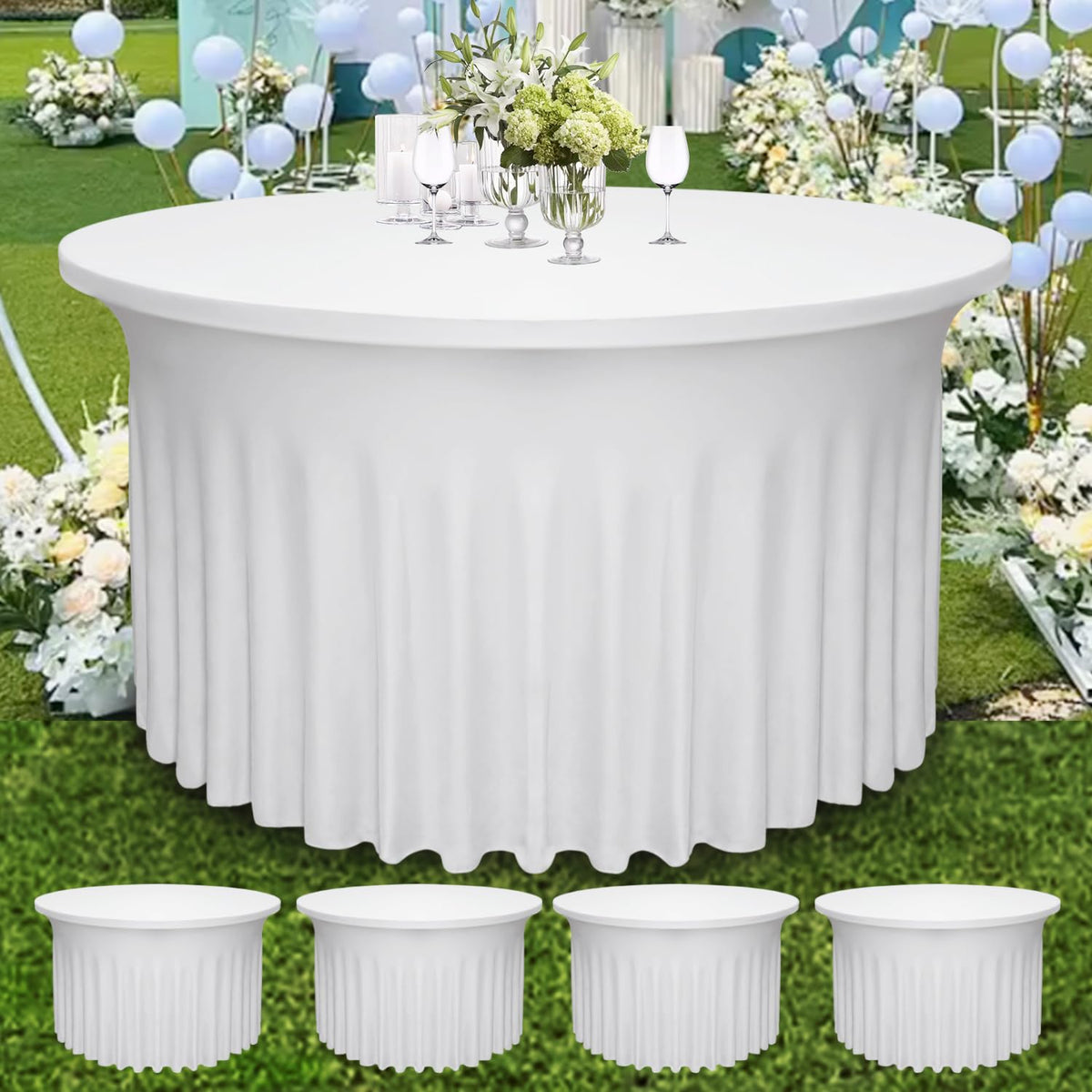 Yoquare 4 Pack White Round Table Skirt, 48 Inch Diameter x 30 Inch Height, Stretch Polyester Spandex Tablecloth for 4ft Round Tables, Stain & Wrinkle Resistant for Wedding, Party, Banquet Decor