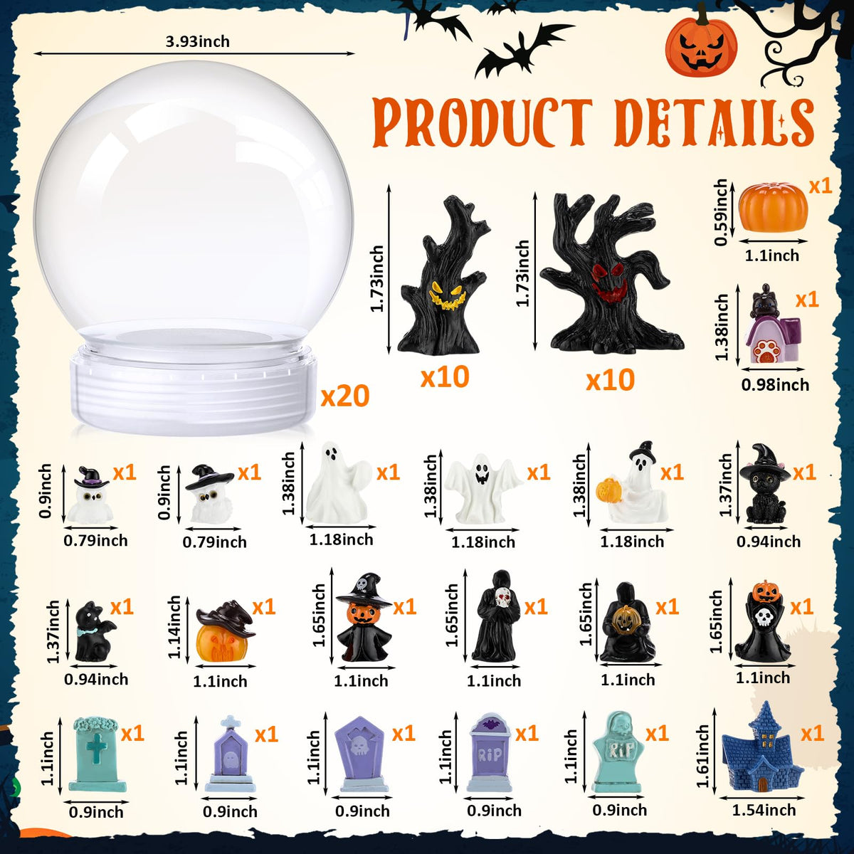Qinyoung 60 Pcs Halloween DIY Snow Globe Kit, 3.9 Inch Clear Plastic Snow Globes with Resin Halloween Ornaments, Pumpkin Ghost Tombstone Witch Tree Miniatures for DIY Craft, Party Decor Gift