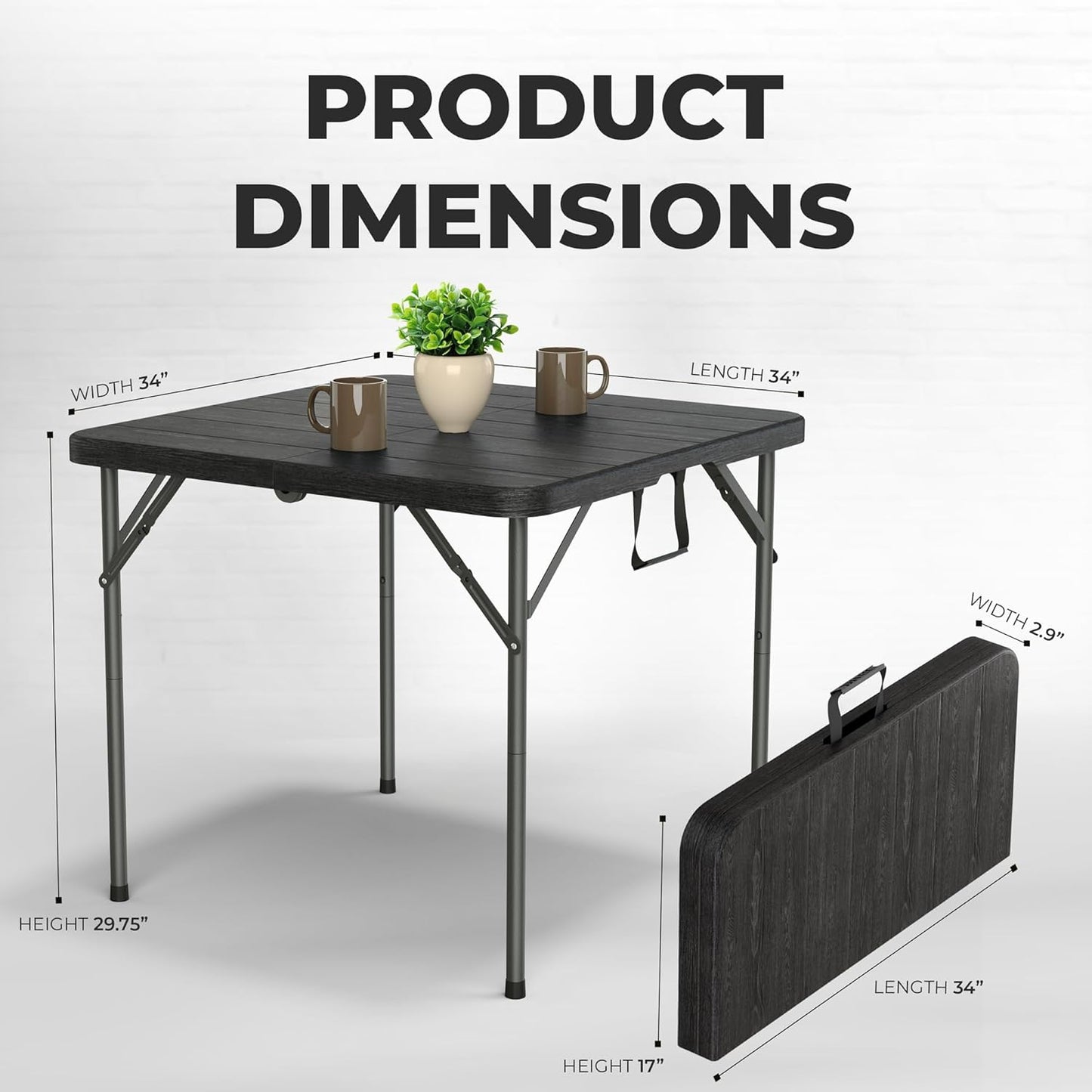 Modern Space 34" Square Foldable Table - Heavy Duty Portable Design with Built-In Handle | Ideal for Events, Picnics, and More