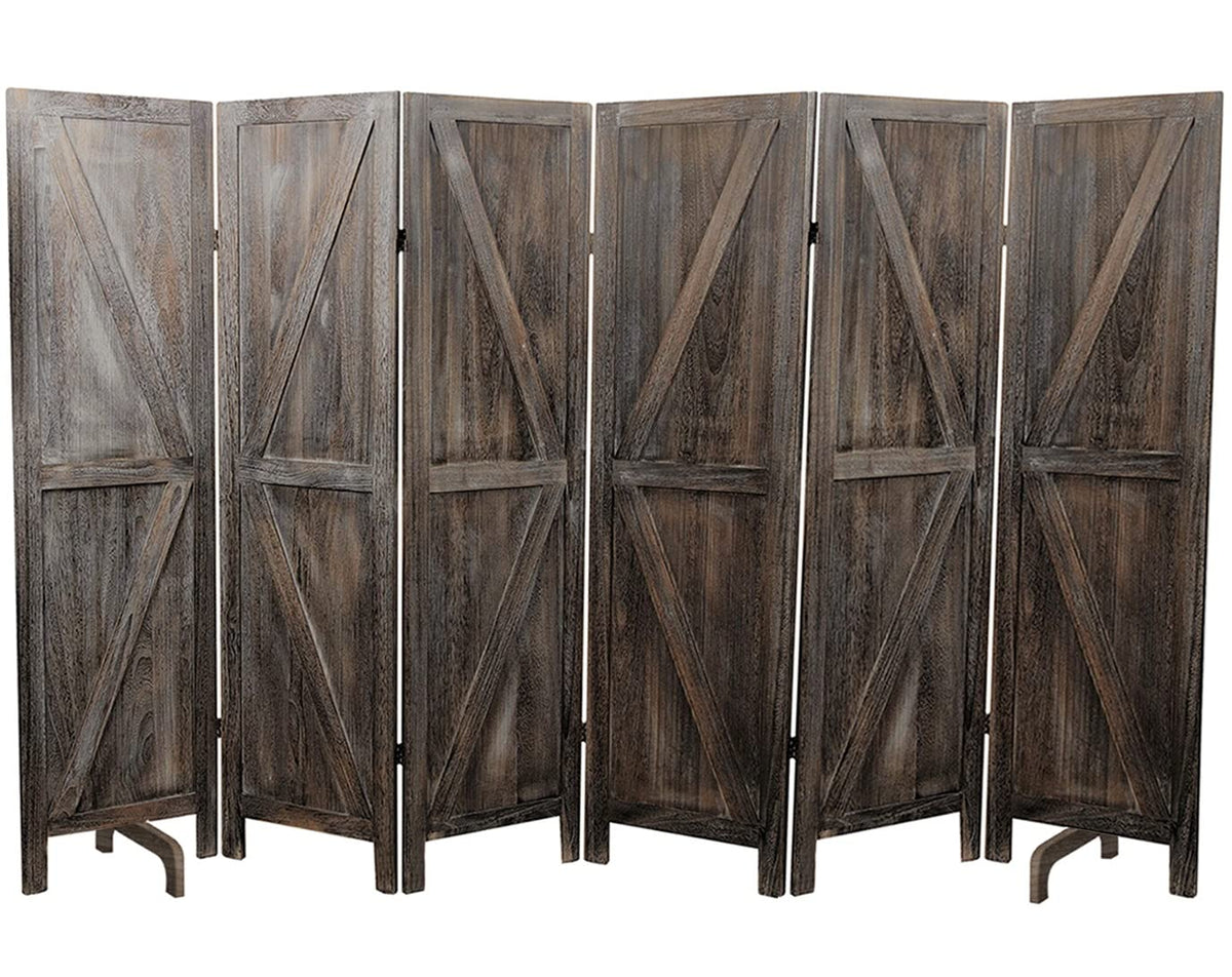 Premium Home 6-Panel Room Divider – Rustic Brown Barn Door, K Pattern Folding Privacy Screen, Partition Wall