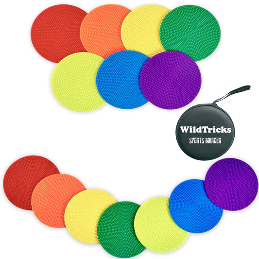 WildTracks 14 Pcs Football Spot Markers, Non-Slip Agility Flat Poly Spots, 4 inches，Floor Dots for Gym,PE Equipment,Rubber Circles Multiple Color Sports Markers(with Storage Package)